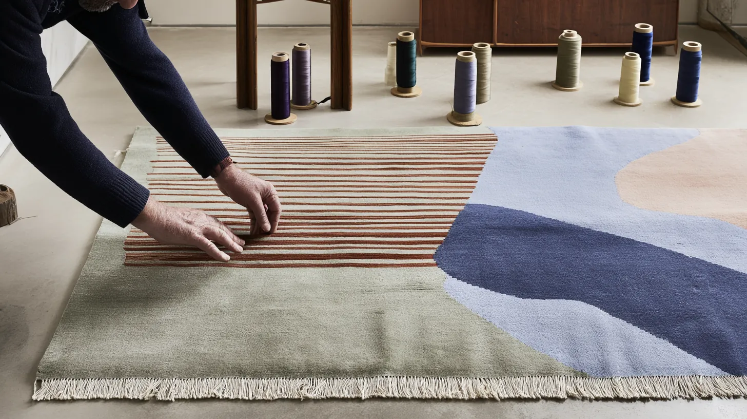 Mains d'un artisan examinant le tissage d'un tapis dans un atelier de restauration, bobines de fils teints à la main disposées en arrière-plan.