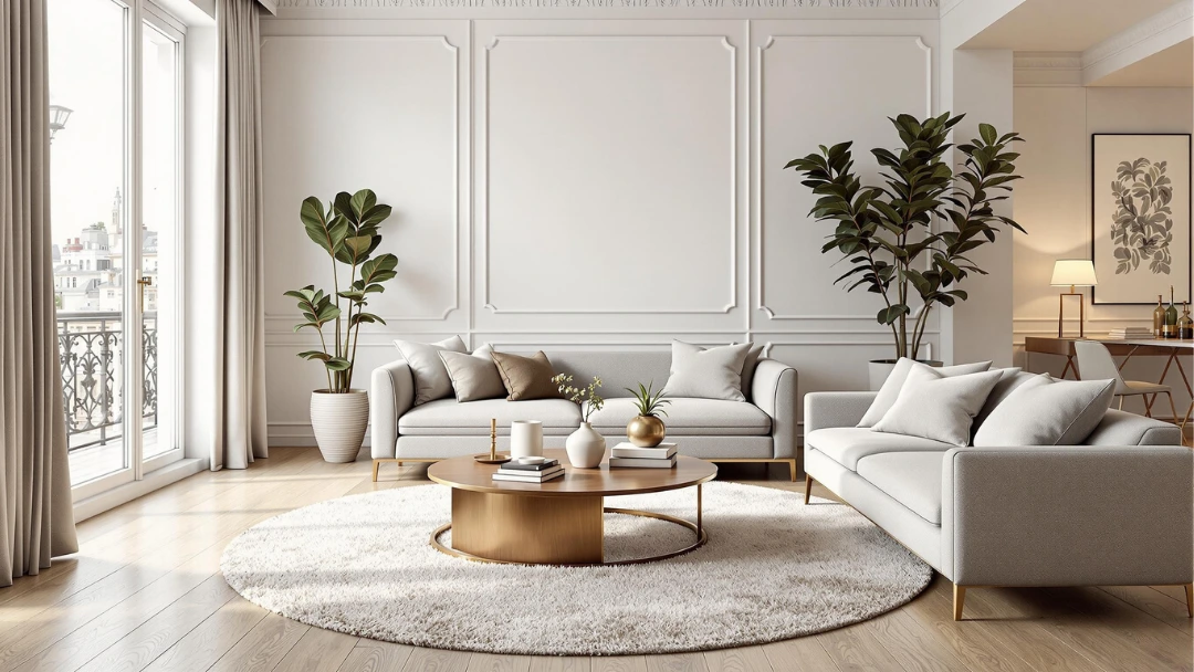 Salon lumineux de style parisien avec tapis rond blanc texturé, canapé droit et table basse en bois, pour un intérieur harmonieux et épuré.