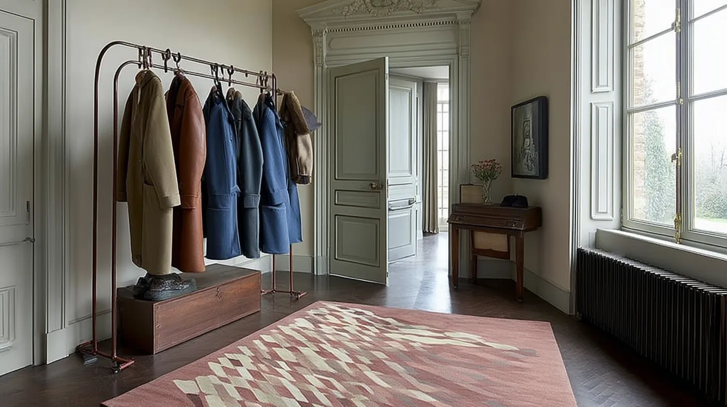 Tapis damier terracotta et crème posé dans l'entrée d'un appartement parisien avec portant en cuivre, parquet foncé et lumière naturelle.