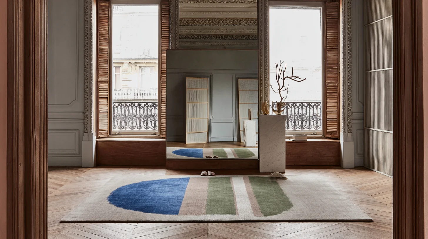 Tapis en laine naturelle beige posé sur parquet chêne clair, salon Japandi épuré avec canapé en lin et table basse en noyer naturel.