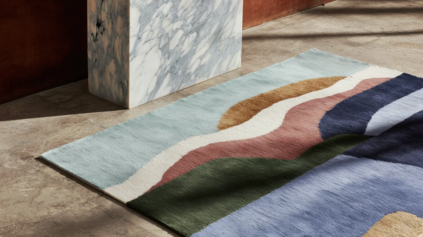 Tapis japonais moderne posé sur sol en pierre avec lumière naturelle, détail des fibres et motifs haut de gamme.