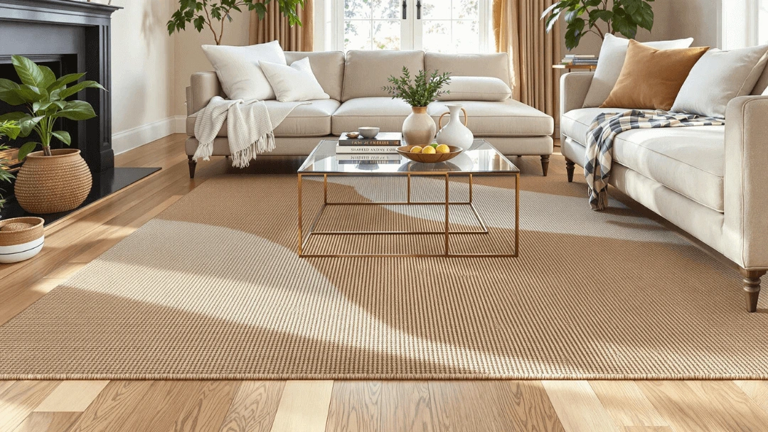 Tapis en sisal naturel dans un salon lumineux avec parquet, canapé beige et table basse en verre, parfait pour une décoration chaleureuse et épurée.