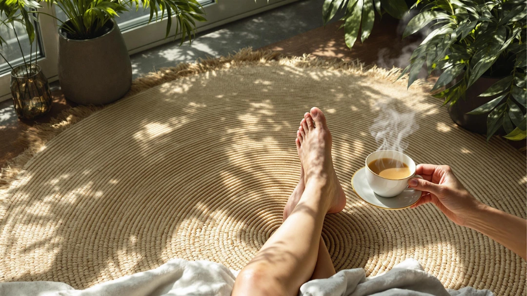 Moment de détente sur un tapis rond en jonc de mer naturel, à la lumière du matin, avec une tasse de thé fumant; ambiance slow living.