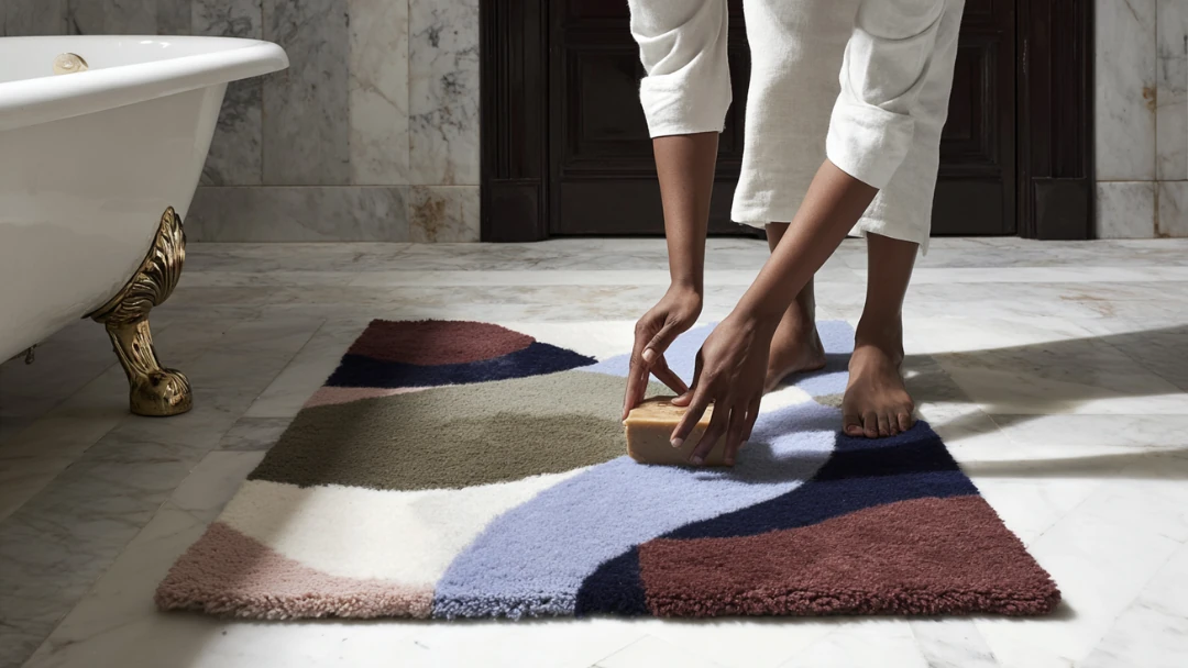 Personne nettoyant un tapis coloré avec un savon solide dans une salle de bain en marbre.