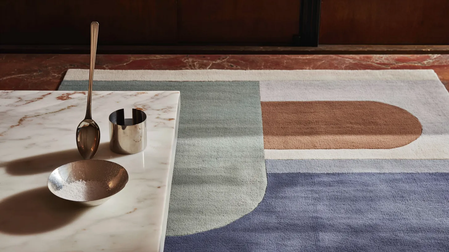 Nettoyant tapis maison sur table en marbre avec poudre et cuillère près d’un tapis moderne.