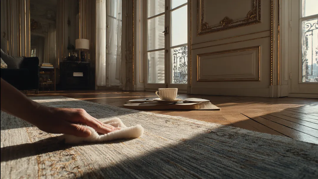 Main tamponnant un tapis dans un salon haussmannien, montrant comment nettoyer un tapis avec de l'eau gazeuse sans frotter.