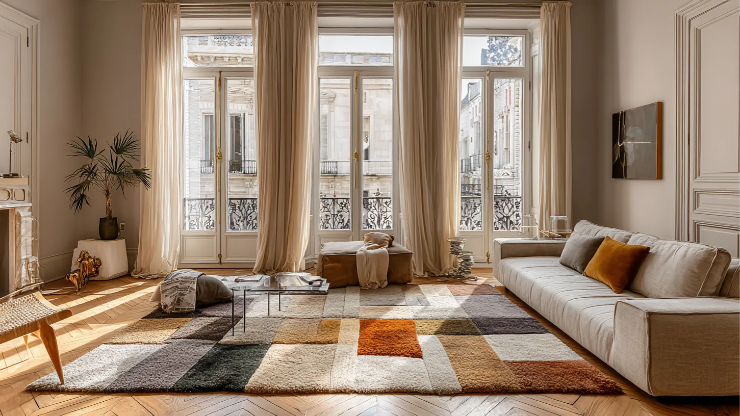 Salon parisien lumineux avec un tapis à poils longs multicolore, idéal pour illustrer l’entretien et le nettoyage d’un tapis shaggy dans un intérieur haut de gamme.