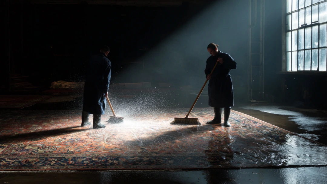Deux professionnels nettoyant un tapis ancien avec des brosses manuelles dans un atelier baigné de lumière naturelle, illustrant une méthode artisanale de lavage à grande eau.