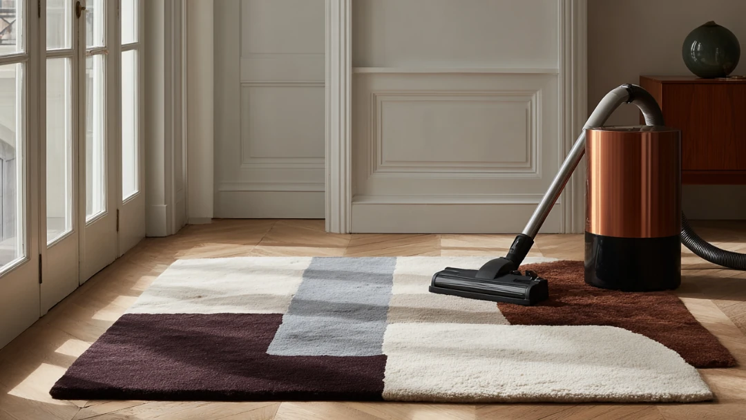 Vue d'un nettoyeur de tapis au design cuivré en cours d'utilisation sur un tapis moderne.