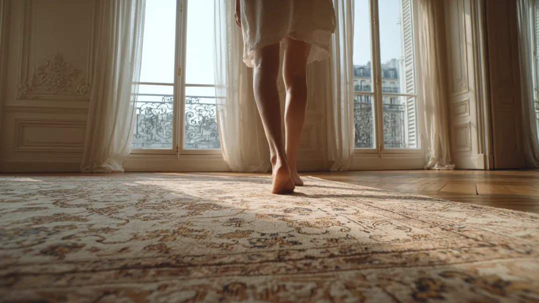 Femme marchant pieds nus sur un tapis oriental propre et doux dans un salon haussmannien lumineux, illustrant le résultat d'un nettoyage de tapis en toute sécurité.