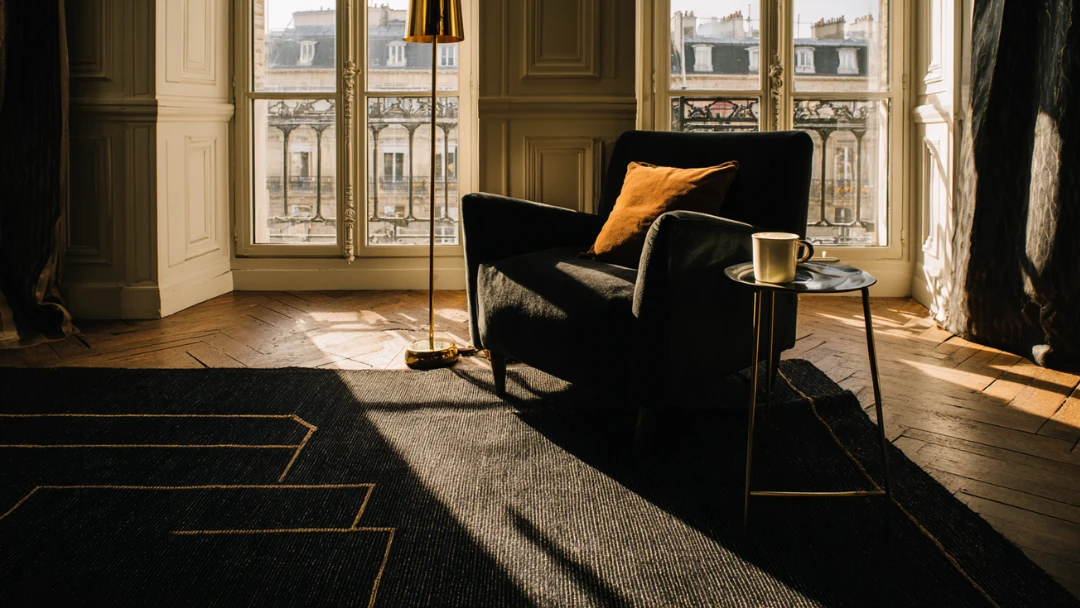 Tapis noir texturé avec motifs dorés dans un salon haussmannien parisien, fauteuil velours noir avec coussin cognac, lampadaire en laiton et lumière naturelle filtrant par les grandes fenêtres sur parquet ancien