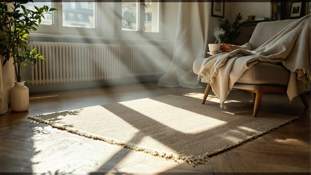 Tapis en fibres naturelles dans un salon lumineux de style scandinave, décoré simplement avec fauteuil beige, plaid et tasse de thé  - exemple de tapis abordable et chaleureux.