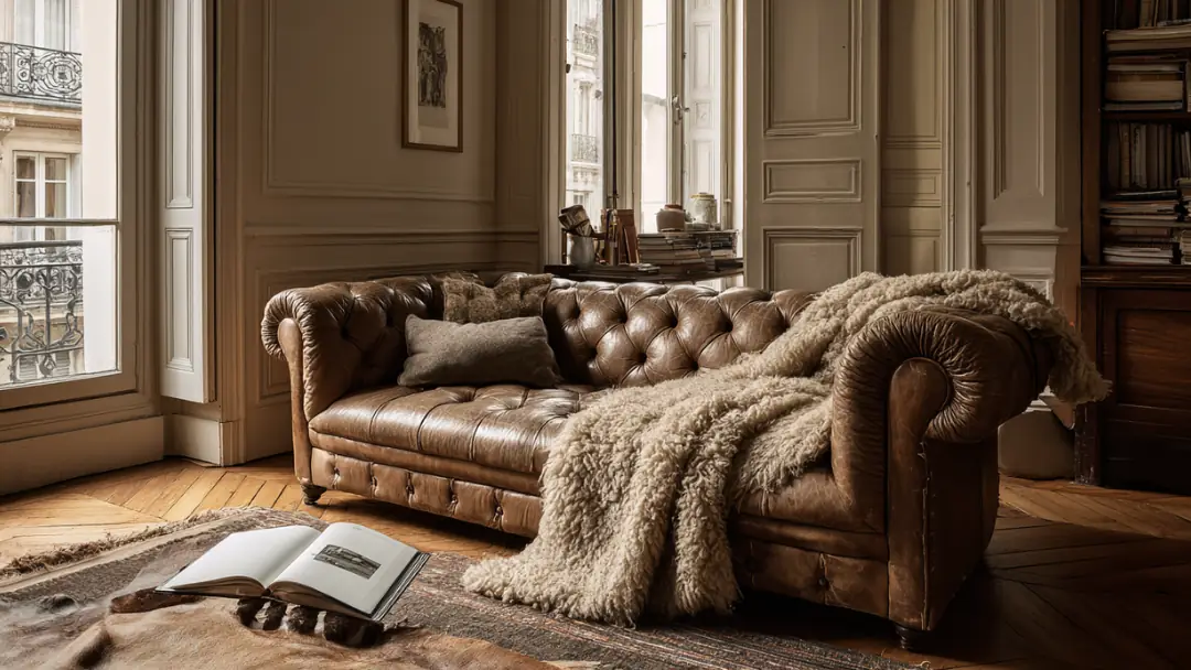 Grand tapis en peau de mouton utilisé en plaid sur un canapé Chesterfield en cuir dans un salon parisien.