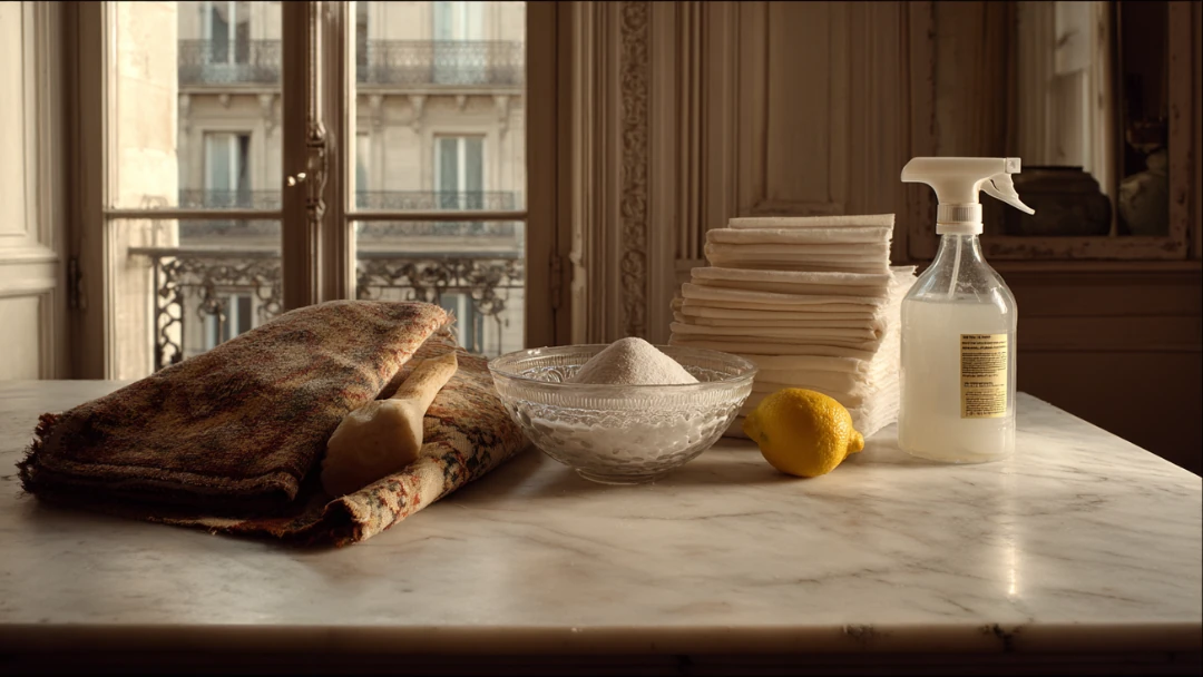 Ingrédients pour préparer un nettoyant pour tapis maison, comprenant un tapis plié, du bicarbonate de soude, un citron, des chiffons propres et un vaporisateur, disposés sur une table en marbre dans un intérieur haussmannien.