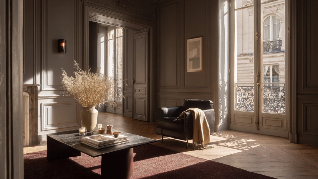 Tapis rouge bordeaux dans un salon haussmannien avec parquet en point de Hongrie, fauteuil en cuir noir, table basse en marbre et lumière naturelle filtrant par les grandes fenêtres françaises