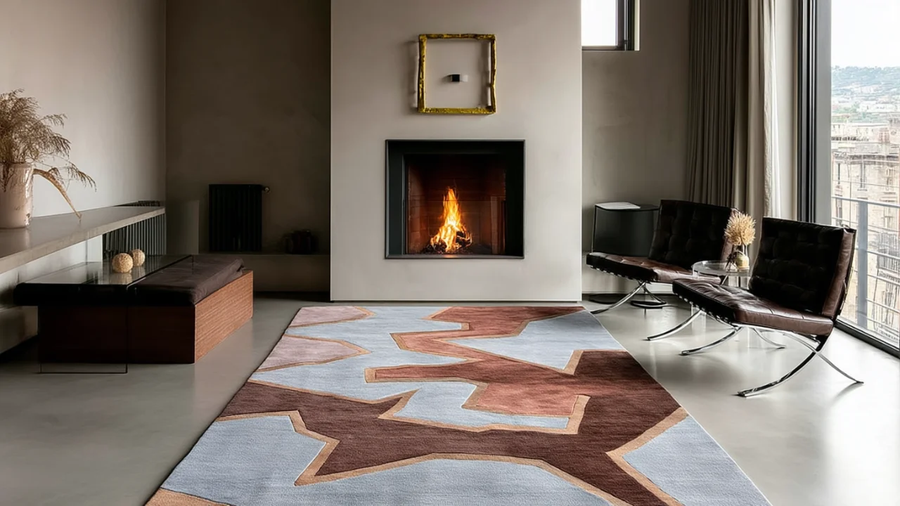 Tapis en soie naturelle aux motifs contemporains dans un salon avec cheminée et fauteuils Barcelona