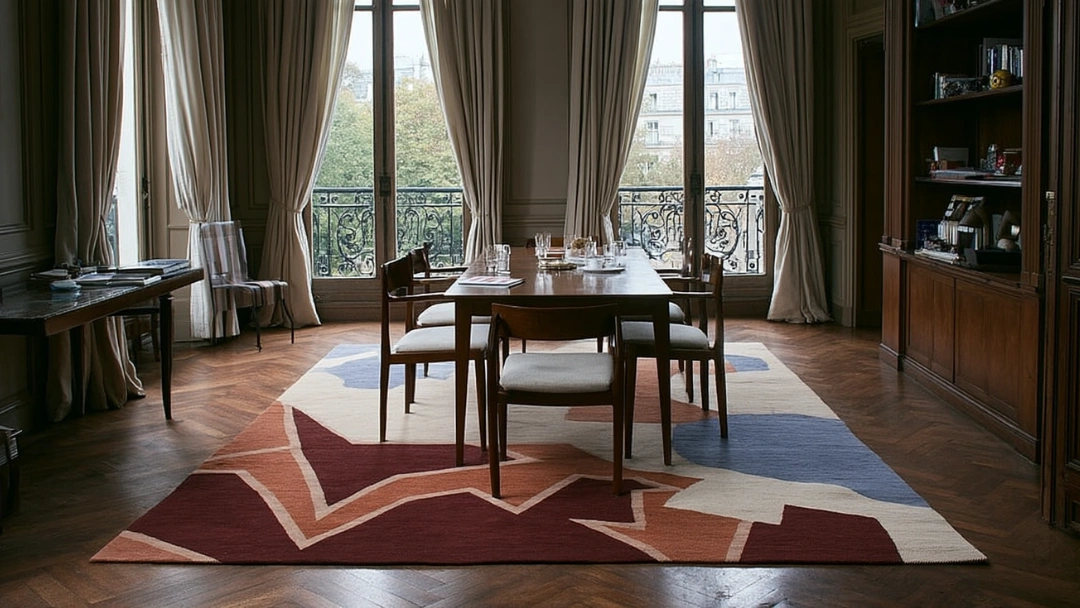 Tapis à motifs géométriques bordeaux et bleu posé sous une table à manger en bois dans une salle à manger haussmannienne parisienne avec parquet en chevron et grandes fenêtres