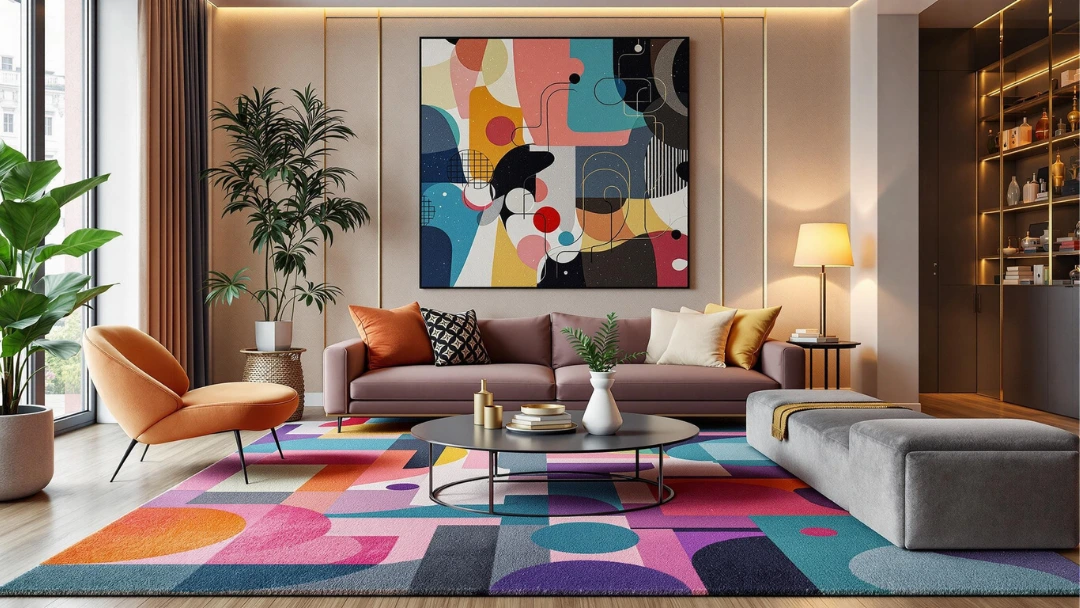 Salon moderne haut de gamme avec grand tapis coloré sous canapé droit, table basse et fauteuil design.