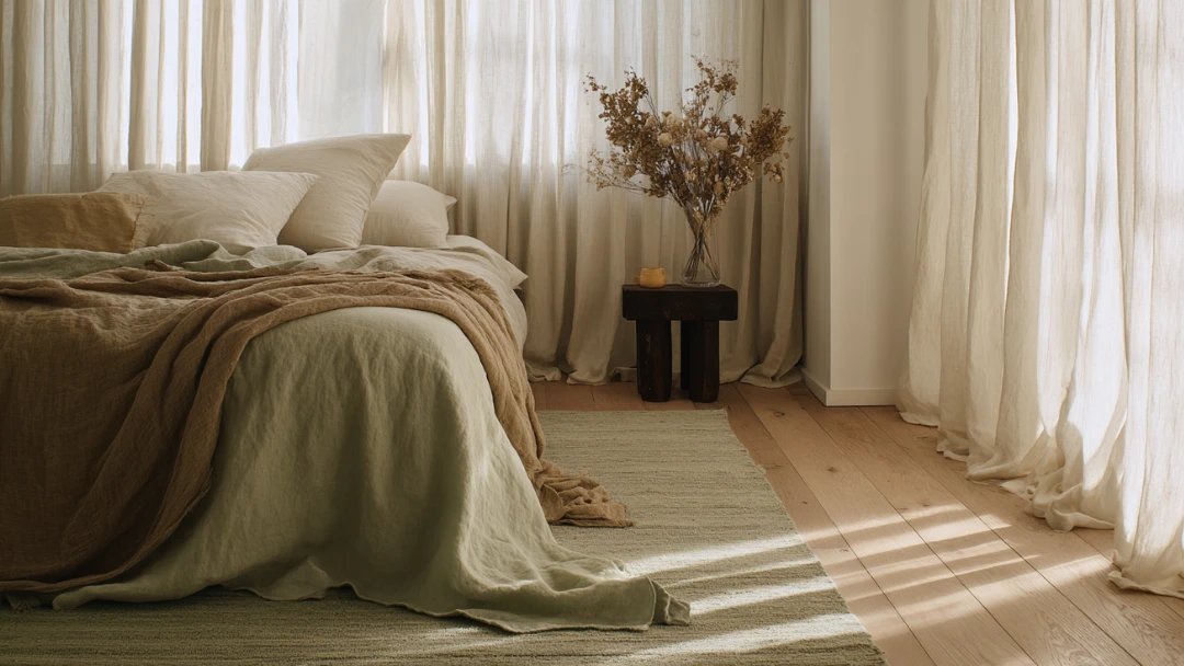 Tapis vert sauge dans une chambre lumineuse avec parquet en chêne clair, literie en lin naturel et rideaux voilages filtrant la lumière du matin