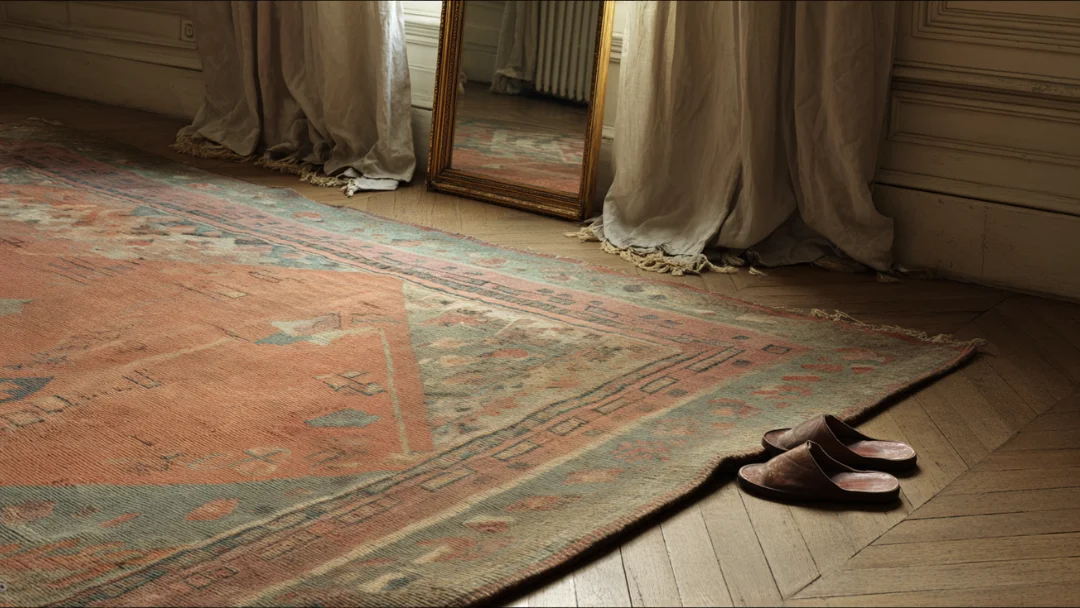 Tapis vintage en laine aux tons pastel rosés posé sur un parquet en chevron dans un appartement parisien avec miroir doré et rideaux en lin