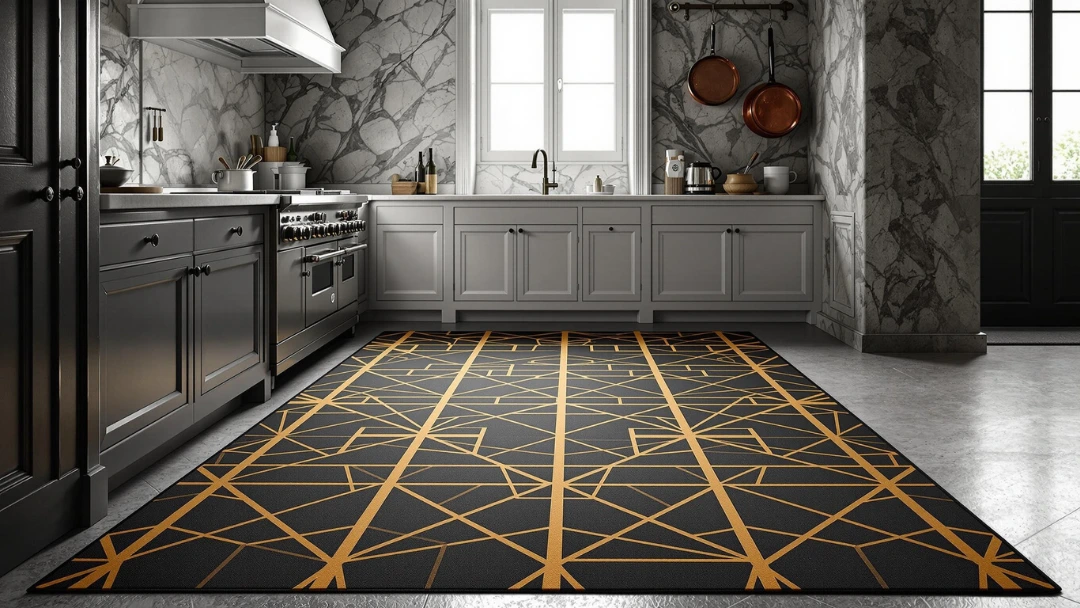 Tapis vinyle design noir et doré dans une cuisine moderne avec mobilier gris et murs en marbre