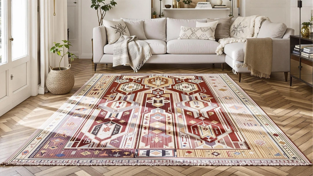 Tapis berbère géométrique rouge et beige dans un salon haussmannien, Them Tapis, laine naturelle, posé sur parquet en chevrons