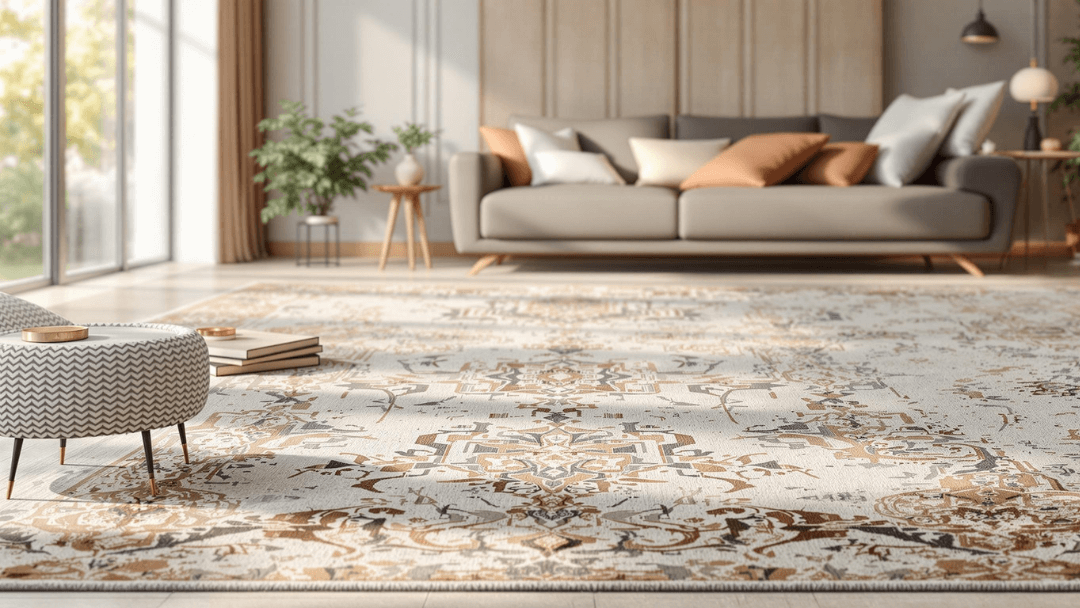 Tapis design beige et doré dans un salon lumineux haut de gamme avec canapé moderne – Exemple de décoration élégante avec tapis Toutapis.